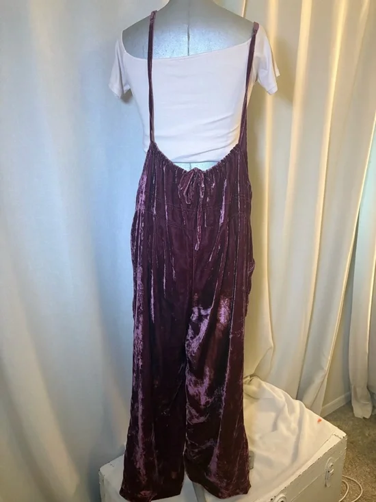 Free People Velvet Jumpsuit Wide Leg Burgundy Boho Overalls Adjustable Large - Picture 7 of 11